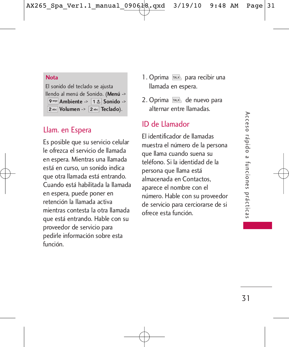 Llam. en espera, Id de llamador | LG LGAX265 User Manual | Page 161 / 269