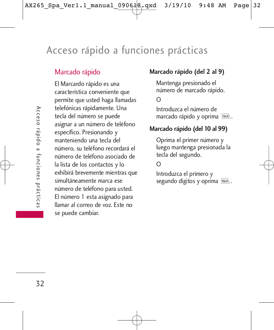 Acceso rápido a funciones prácticas, Marcado rápido | LG LGAX265 User Manual | Page 162 / 269