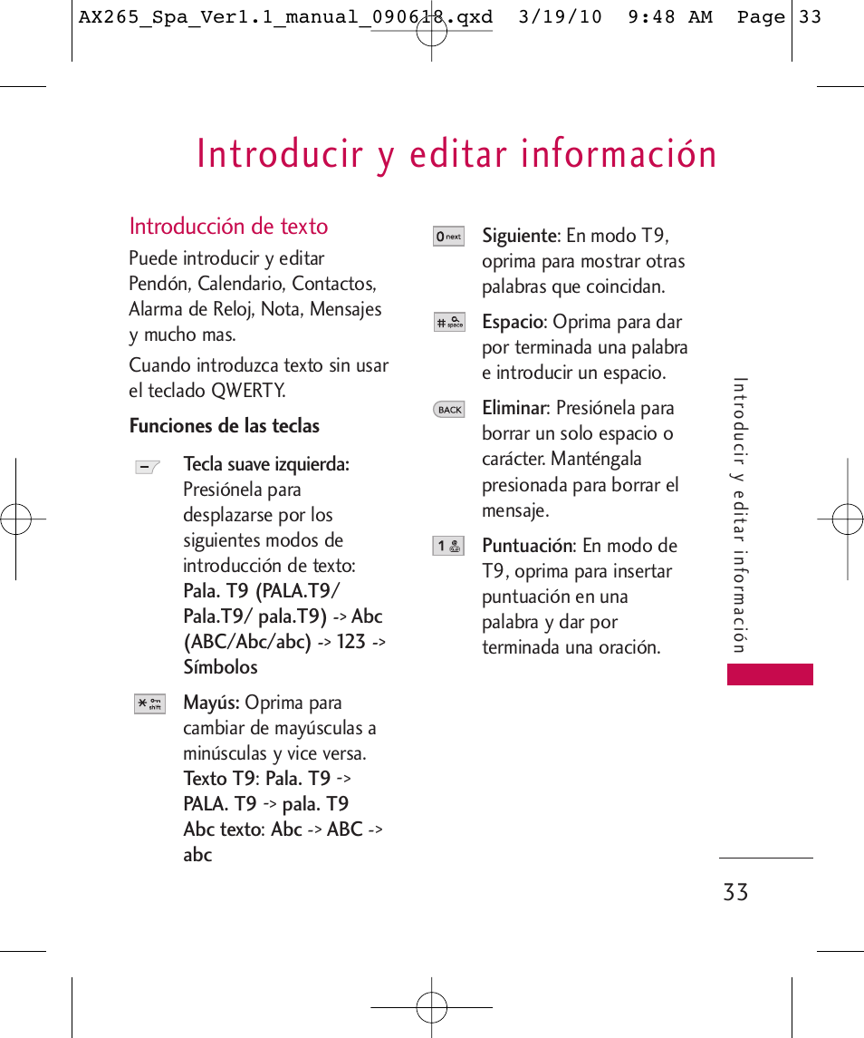 Introducir y editar información, Introducción de texto | LG LGAX265 User Manual | Page 163 / 269