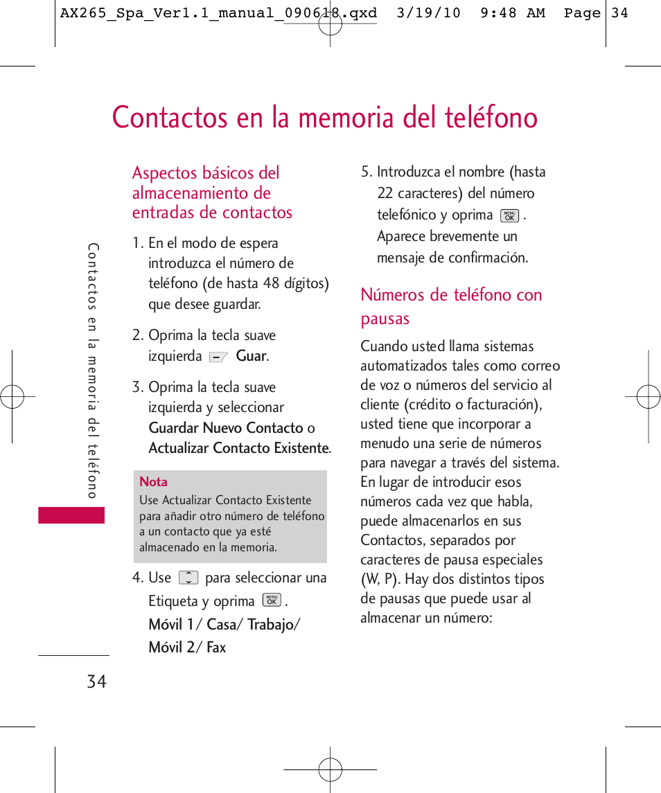 Números de teléfono con pausas | LG LGAX265 User Manual | Page 164 / 269