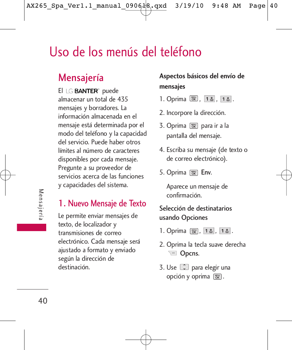 Uso de los menús del teléfono, Mensajería, Nuevo mensaje de texto | LG LGAX265 User Manual | Page 170 / 269