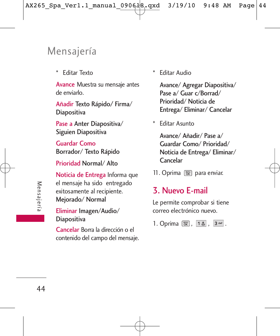 Mensajería, Nuevo e-mail | LG LGAX265 User Manual | Page 174 / 269