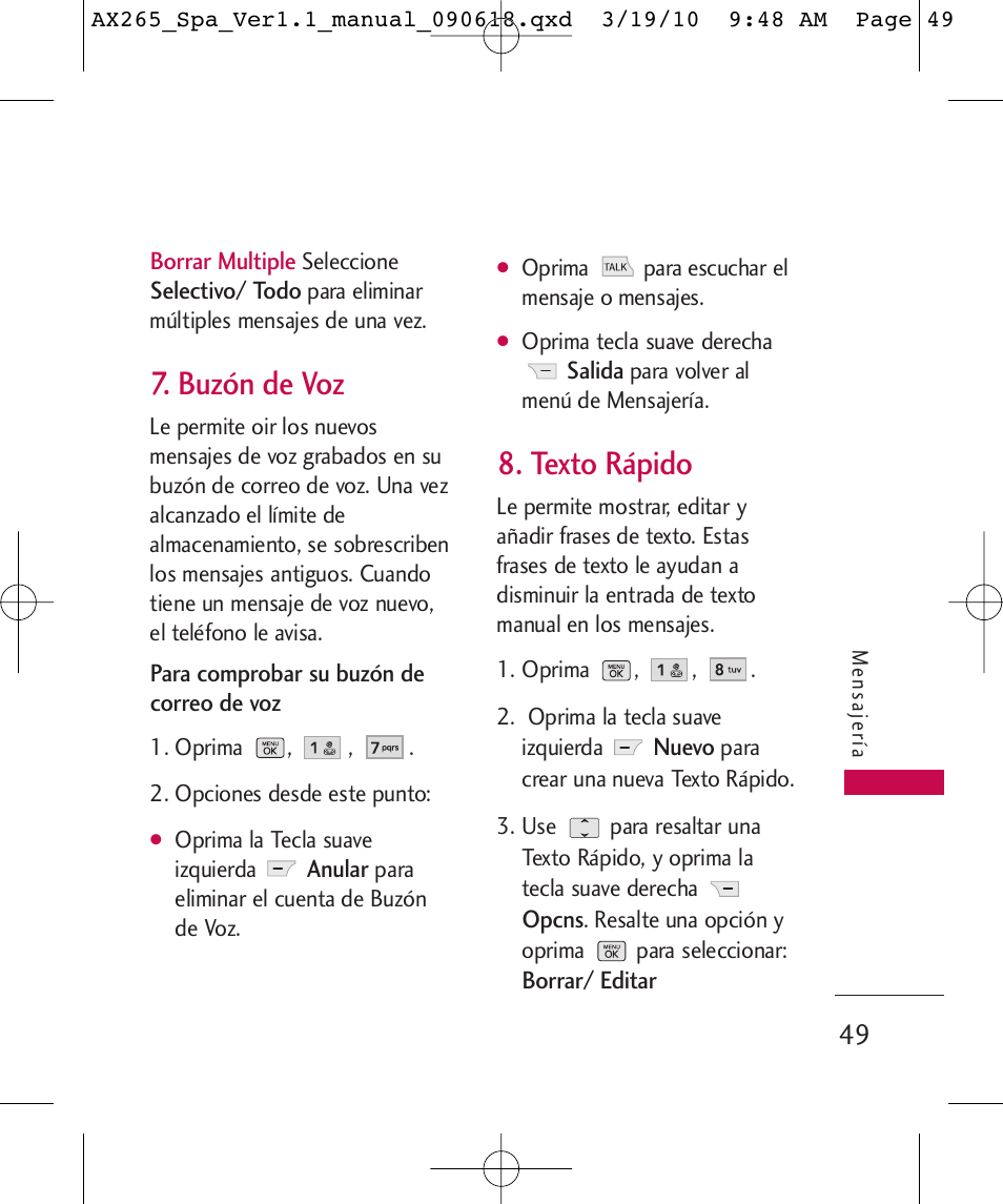 Buzón de voz, Texto rápido | LG LGAX265 User Manual | Page 179 / 269