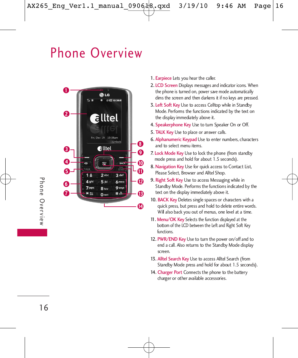 Phone overview, Phone ov ervie w | LG LGAX265 User Manual | Page 18 / 269