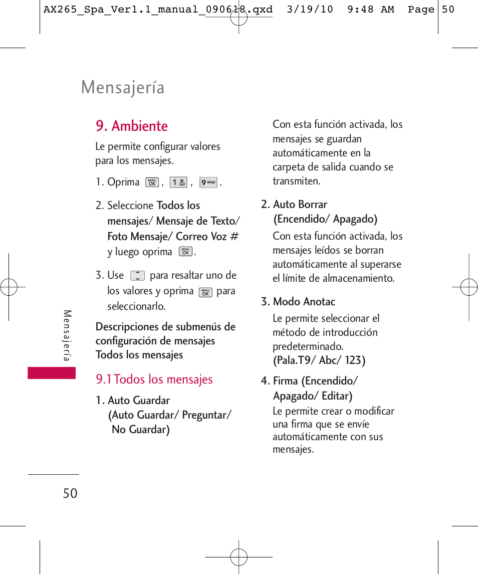 Mensajería, Ambiente, 1todos los mensajes | LG LGAX265 User Manual | Page 180 / 269