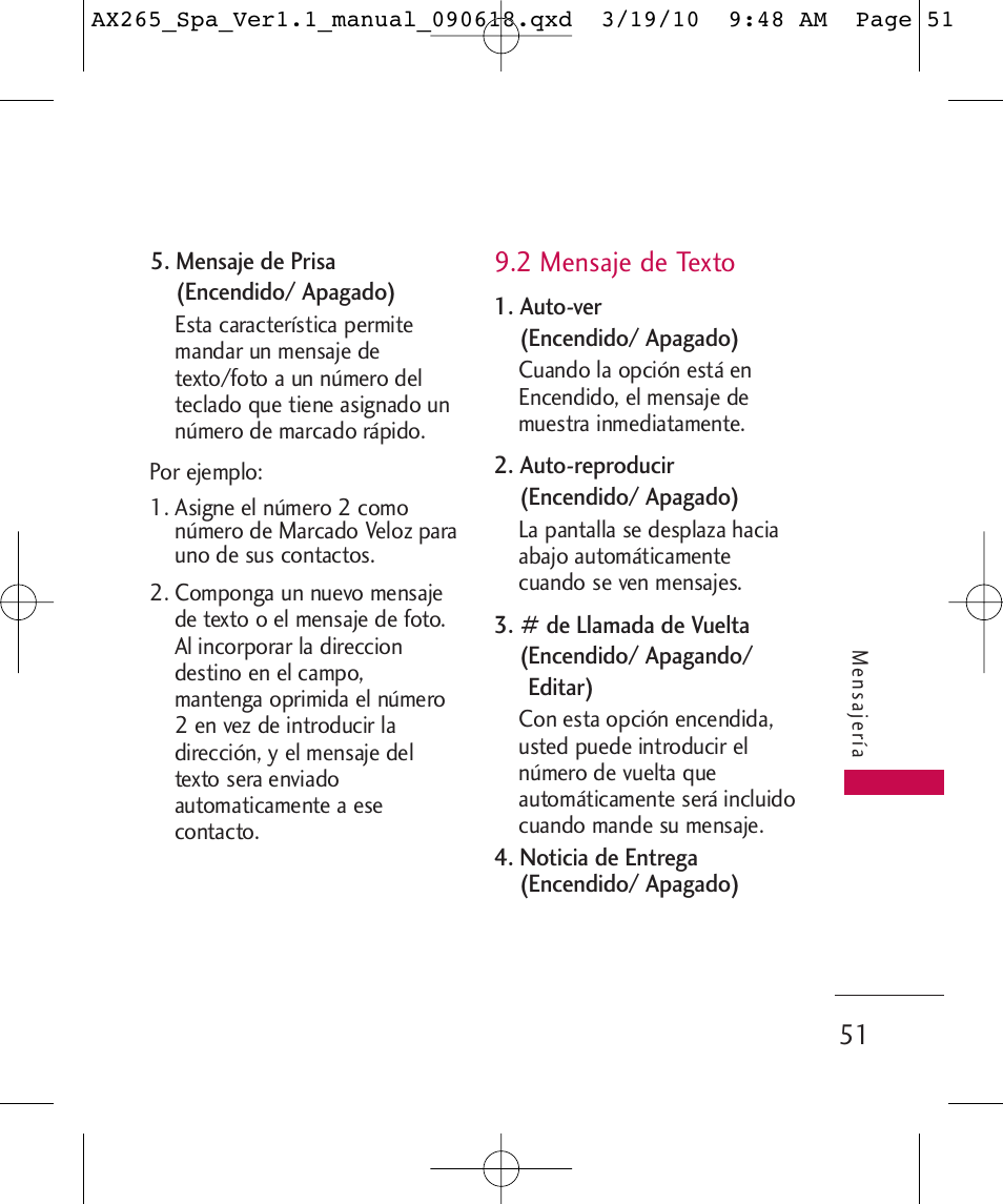 2 mensaje de texto | LG LGAX265 User Manual | Page 181 / 269