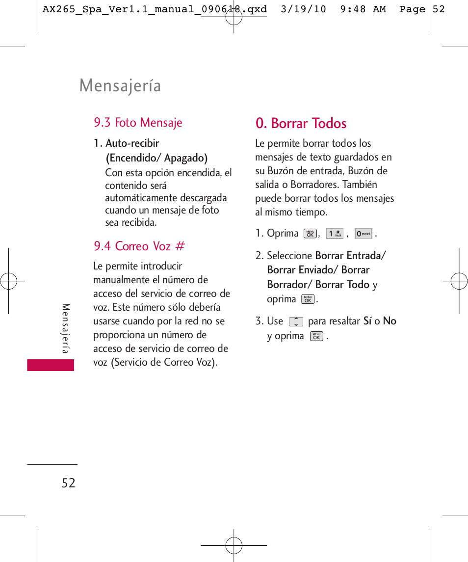 Mensajería, Borrar todos | LG LGAX265 User Manual | Page 182 / 269