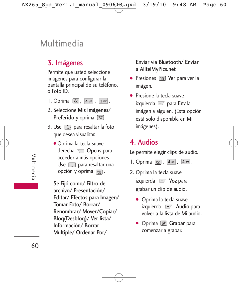 Multimedia, Imágenes, Audios | LG LGAX265 User Manual | Page 190 / 269