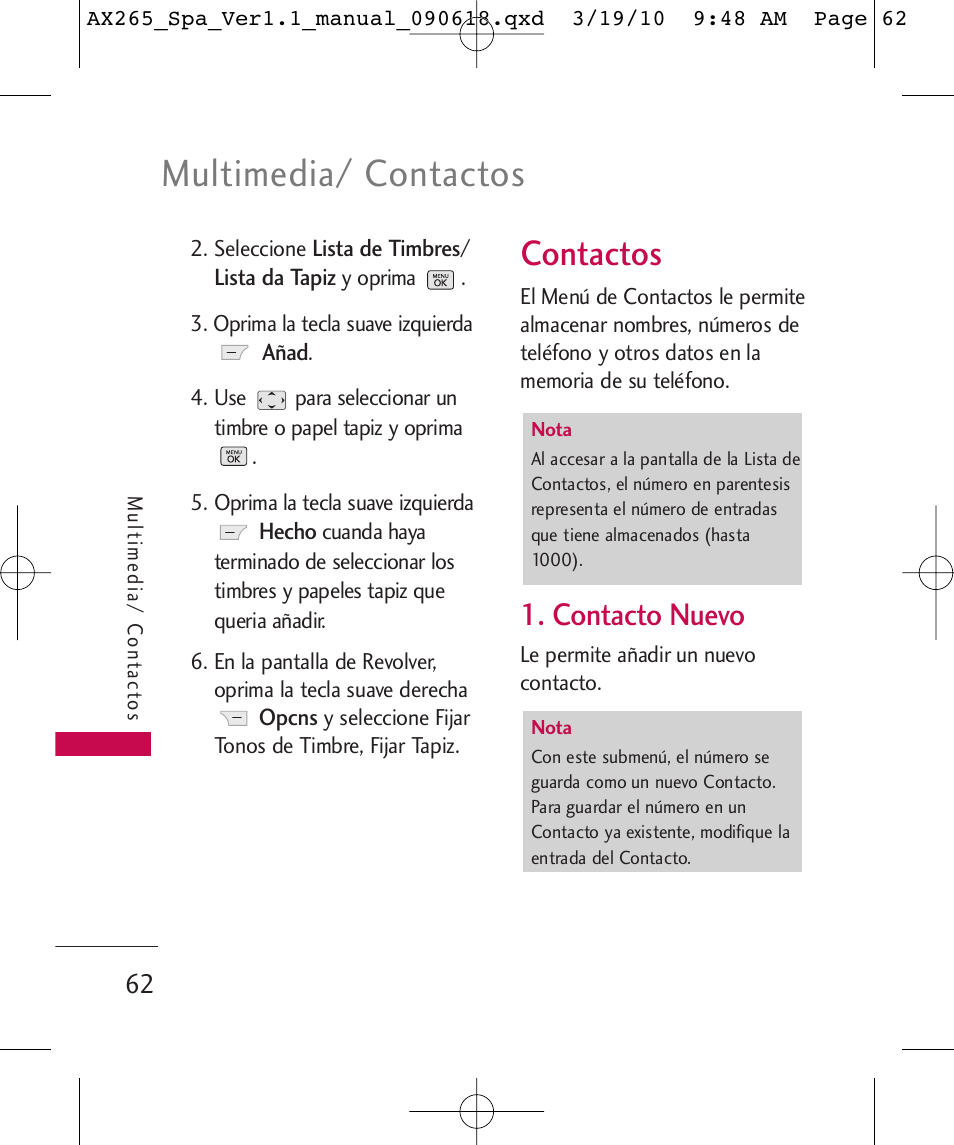 Multimedia/ contactos, Contactos, Contacto nuevo | LG LGAX265 User Manual | Page 192 / 269