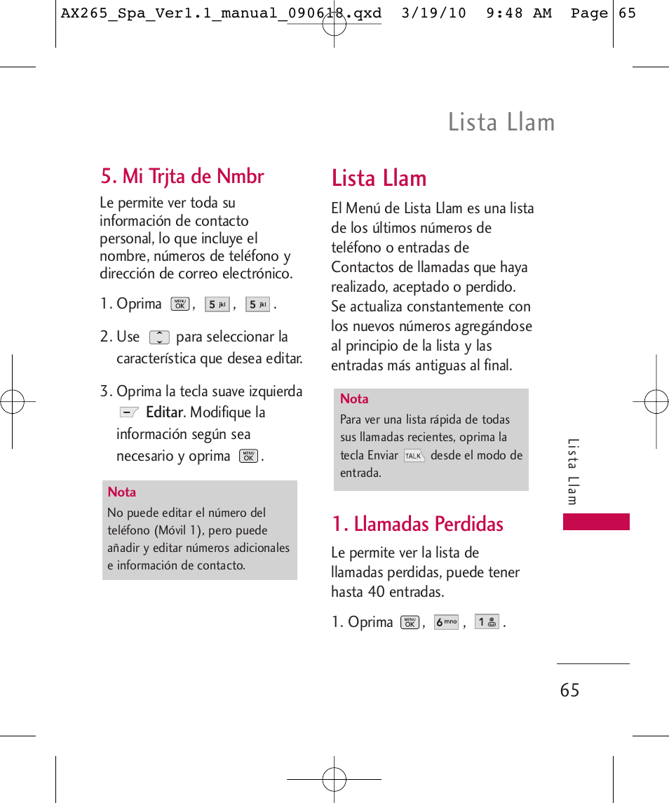 Lista llam, Mi trjta de nmbr, Llamadas perdidas | LG LGAX265 User Manual | Page 195 / 269