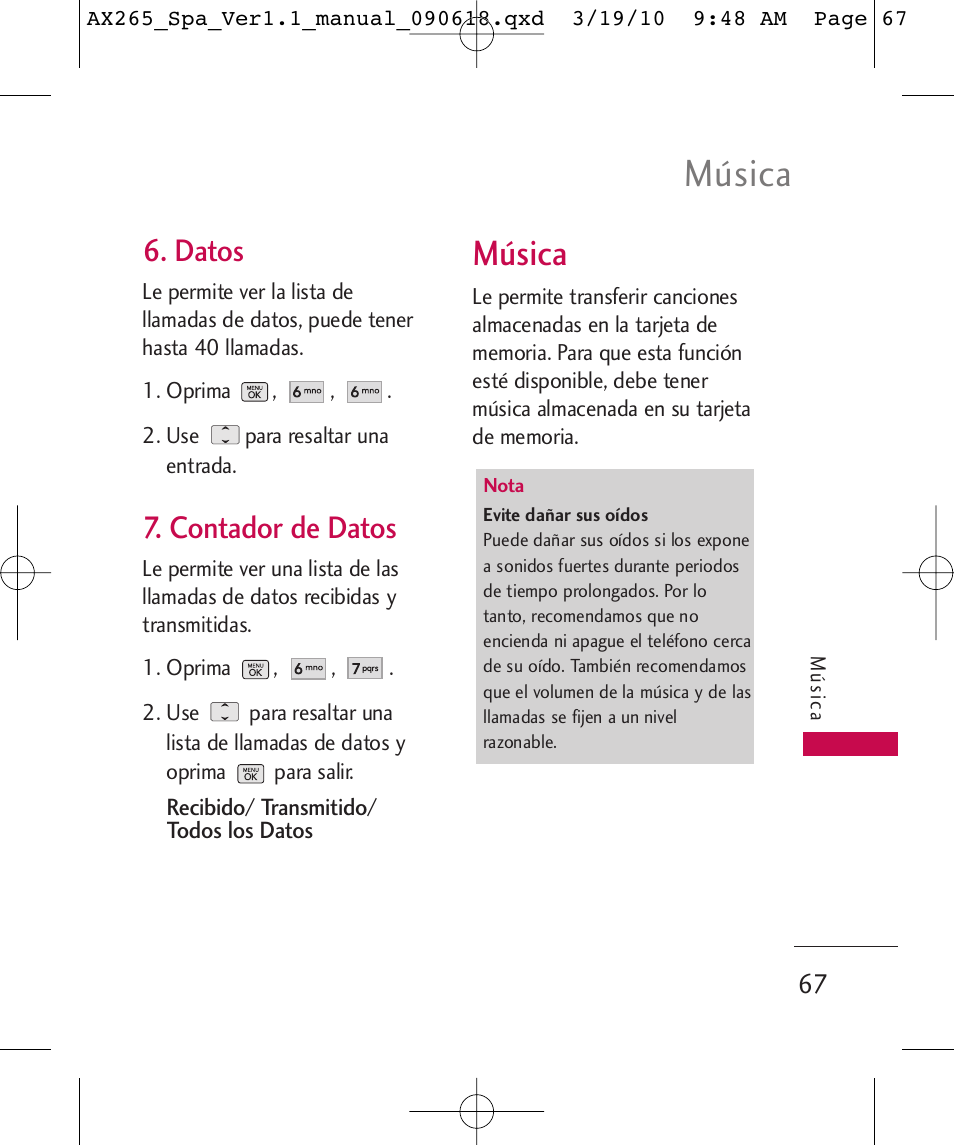 Música, Datos, Contador de datos | LG LGAX265 User Manual | Page 197 / 269