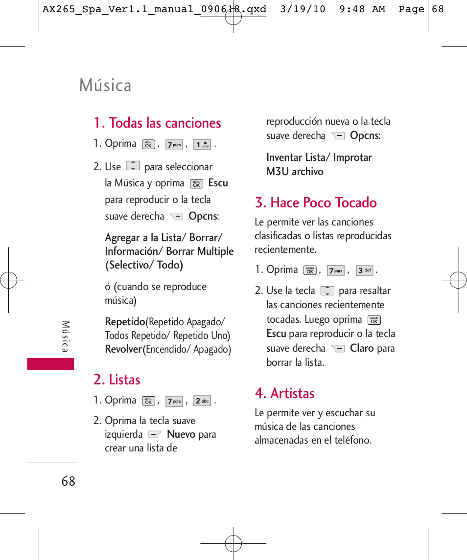 Música, Todas las canciones, Listas | Hace poco tocado, Artistas | LG LGAX265 User Manual | Page 198 / 269