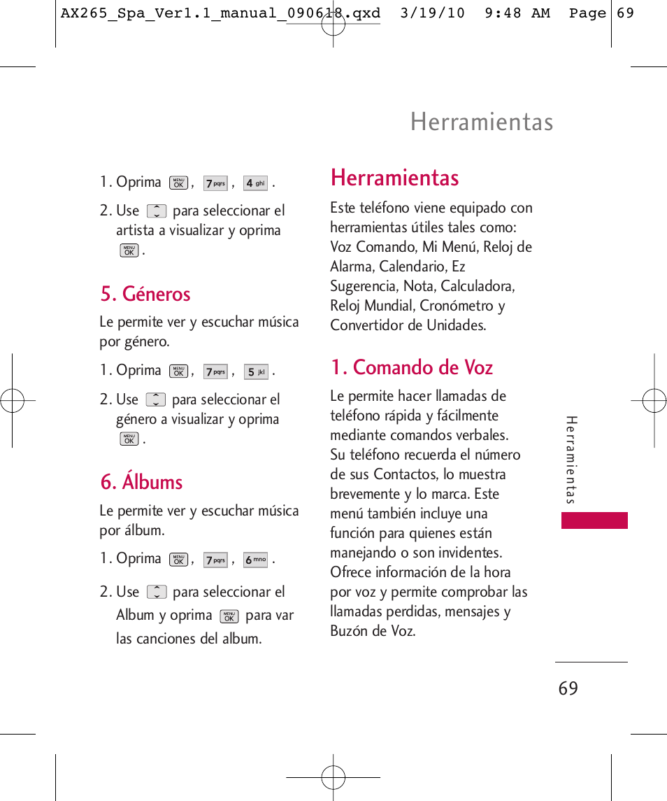 Herramientas, Géneros, Álbums | Comando de voz | LG LGAX265 User Manual | Page 199 / 269