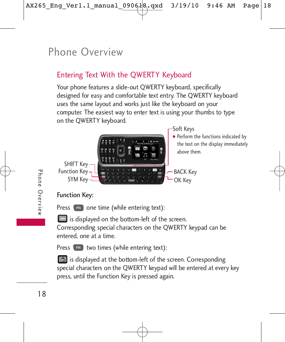 Phone overview, Entering text with the qwerty keyboard | LG LGAX265 User Manual | Page 20 / 269