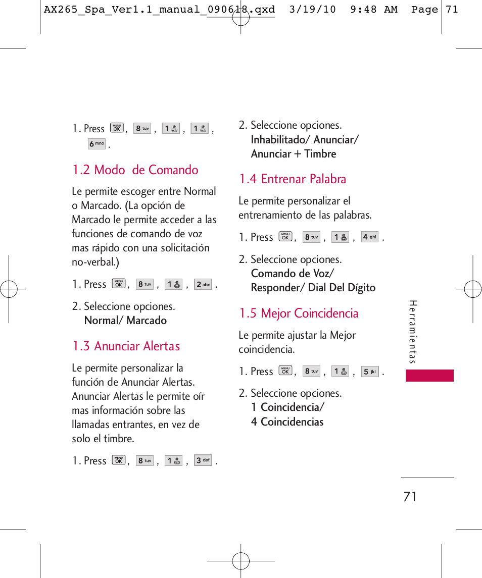 2 modo de comando, 3 anunciar alertas, 4 entrenar palabra | 5 mejor coincidencia | LG LGAX265 User Manual | Page 201 / 269