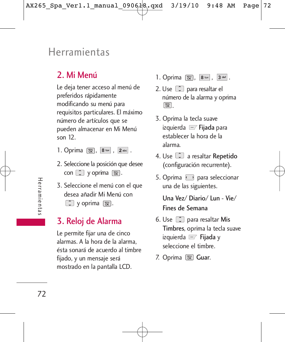 Herramientas, Mi menú, Reloj de alarma | LG LGAX265 User Manual | Page 202 / 269