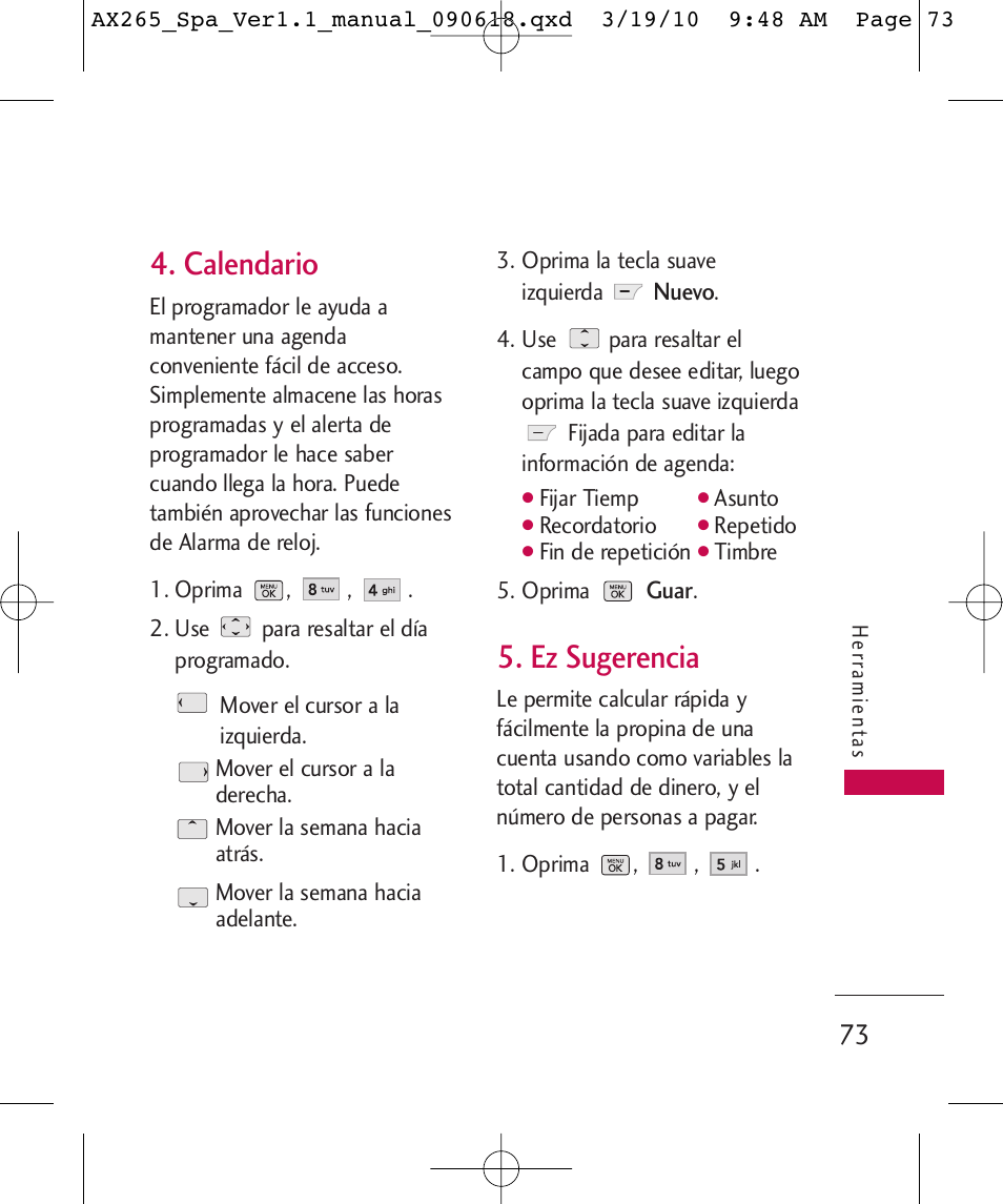 Calendario, Ez sugerencia | LG LGAX265 User Manual | Page 203 / 269