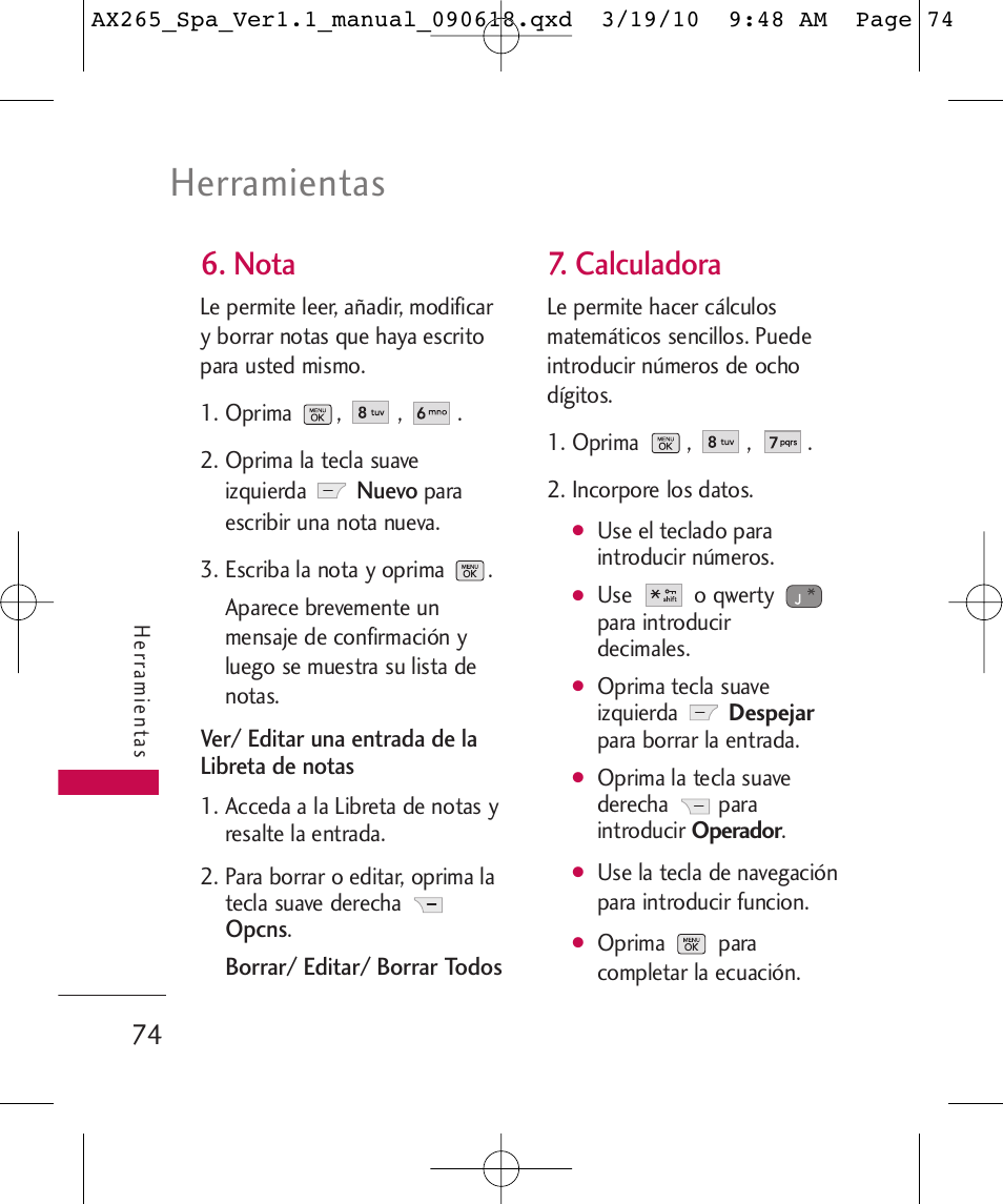 Herramientas, Nota, Calculadora | LG LGAX265 User Manual | Page 204 / 269