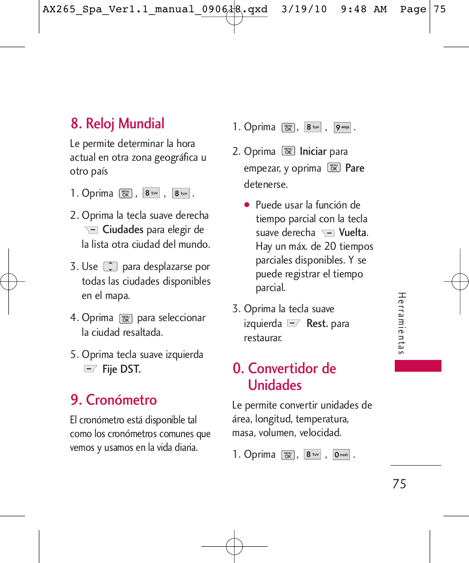 Reloj mundial, Cronómetro, Convertidor de unidades | LG LGAX265 User Manual | Page 205 / 269