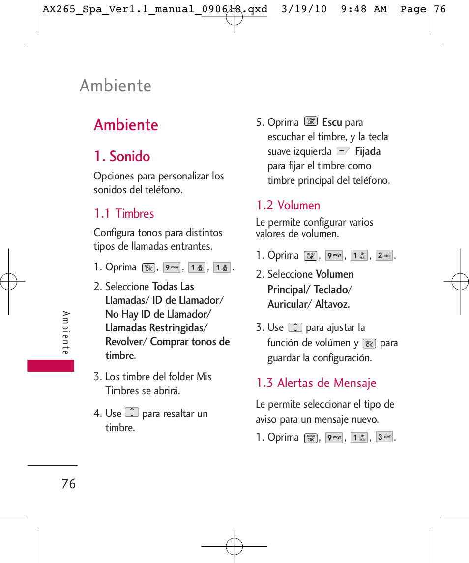 Ambiente, Sonido, 1 timbres | 2 volumen, 3 alertas de mensaje | LG LGAX265 User Manual | Page 206 / 269