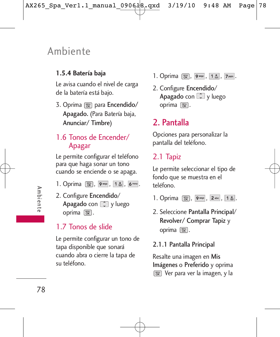 Ambiente, Pantalla, 6 tonos de encender/ apagar | 7 tonos de slide, 1 tapiz | LG LGAX265 User Manual | Page 208 / 269