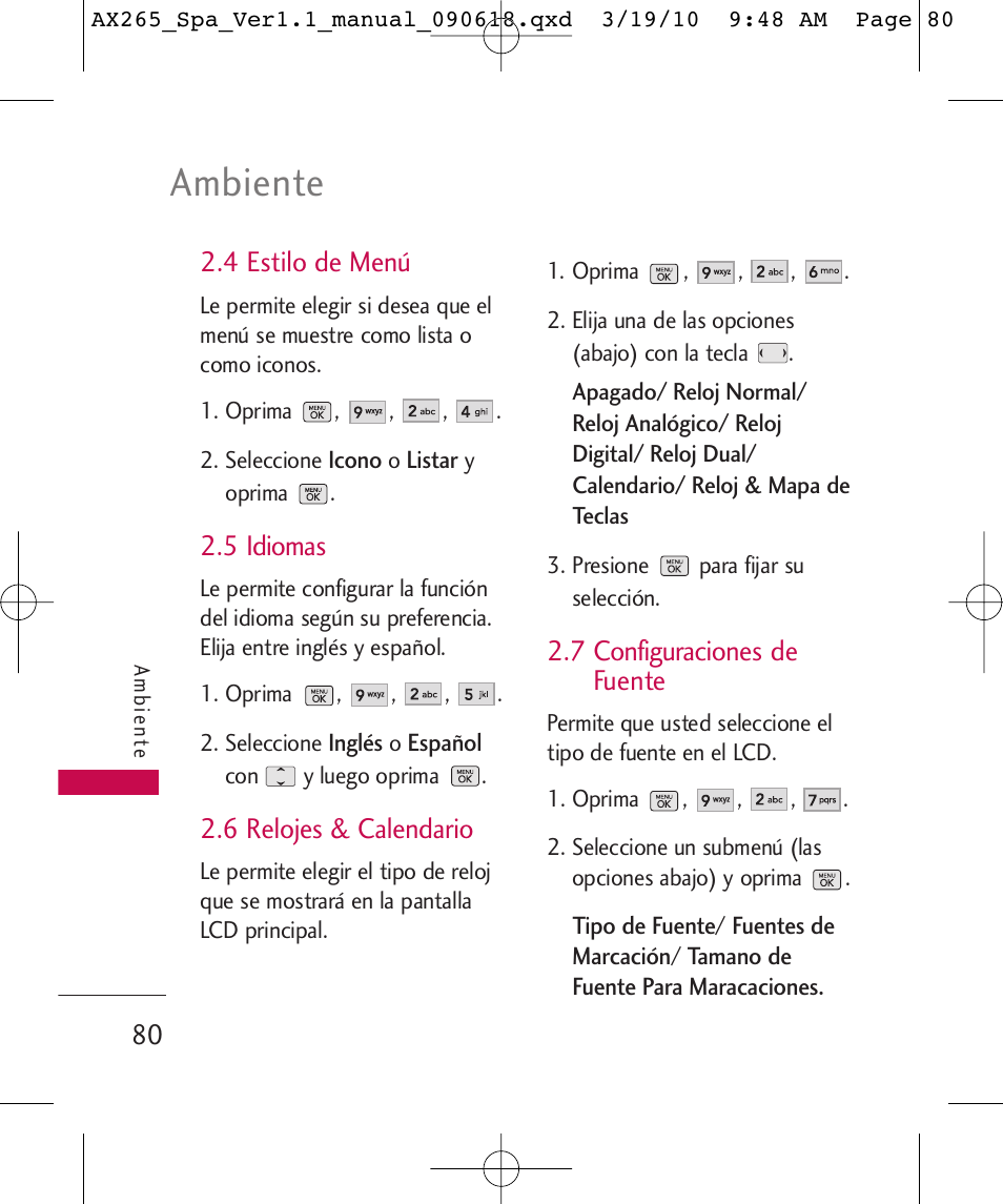 Ambiente, 4 estilo de menú, 5 idiomas | 6 relojes & calendario, 7 configuraciones de fuente | LG LGAX265 User Manual | Page 210 / 269