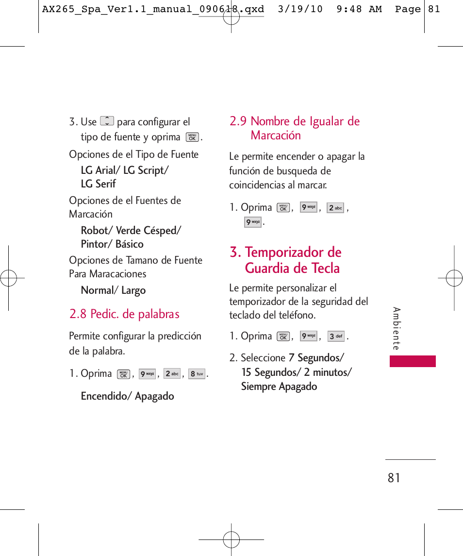 Temporizador de guardia de tecla, 8 pedic. de palabras, 9 nombre de igualar de marcación | LG LGAX265 User Manual | Page 211 / 269