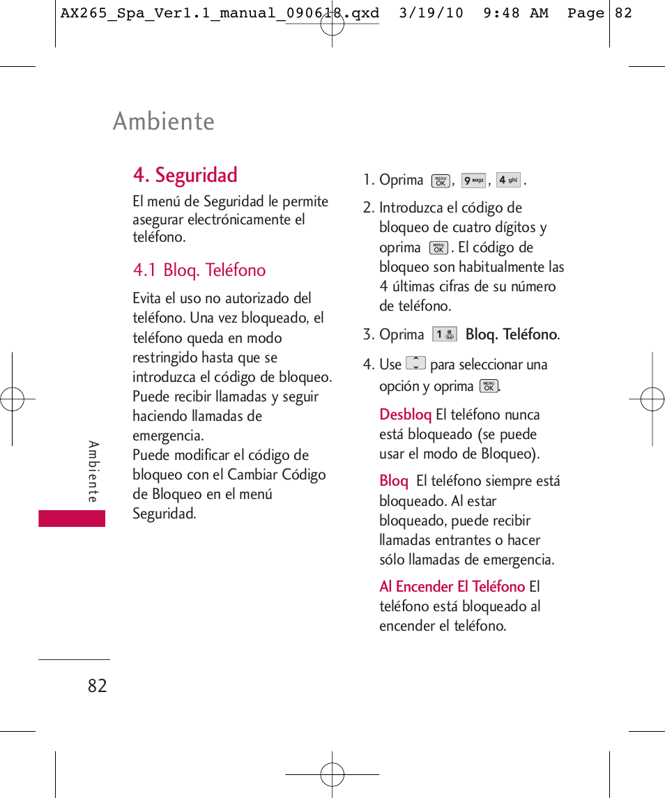 Ambiente, Seguridad, 1 bloq. teléfono | LG LGAX265 User Manual | Page 212 / 269