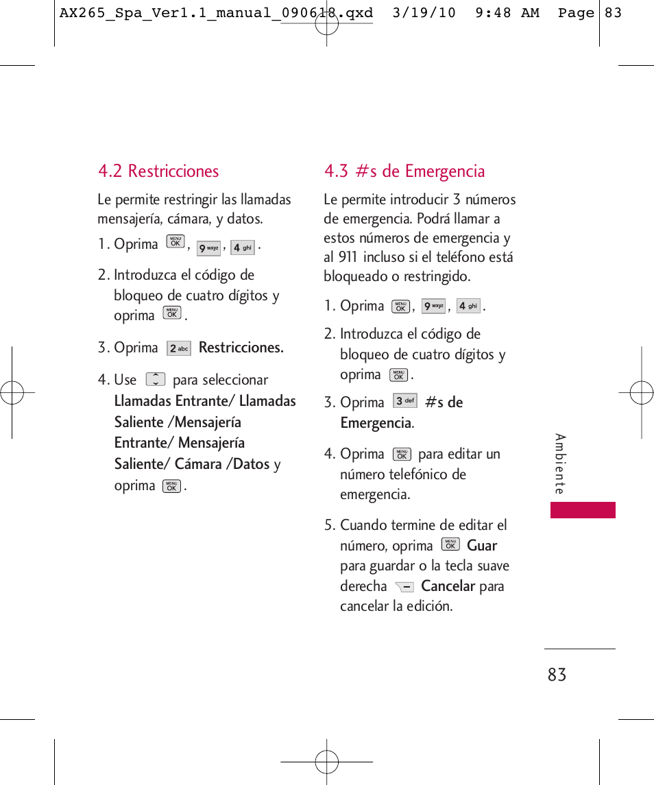 2 restricciones, 3 #s de emergencia | LG LGAX265 User Manual | Page 213 / 269