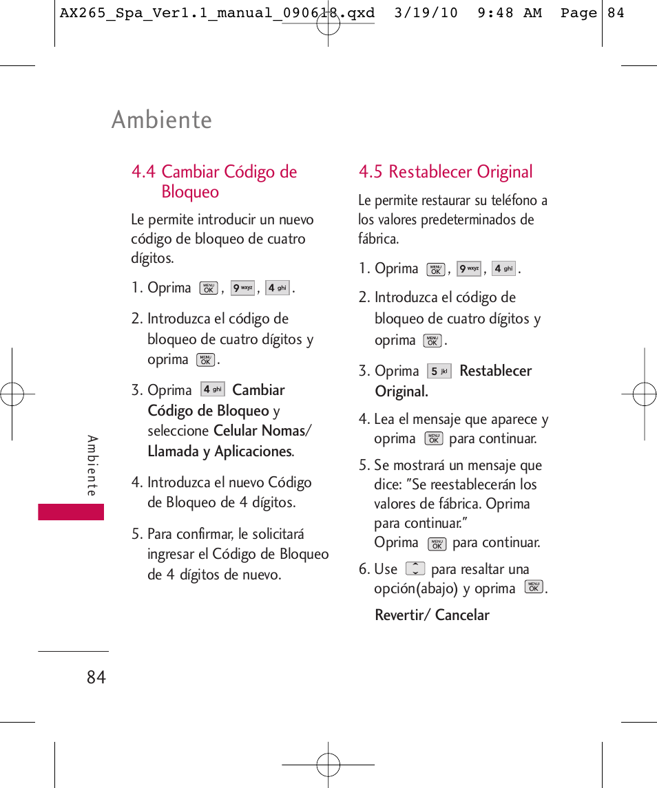 Ambiente, 4 cambiar código de bloqueo, 5 restablecer original | LG LGAX265 User Manual | Page 214 / 269