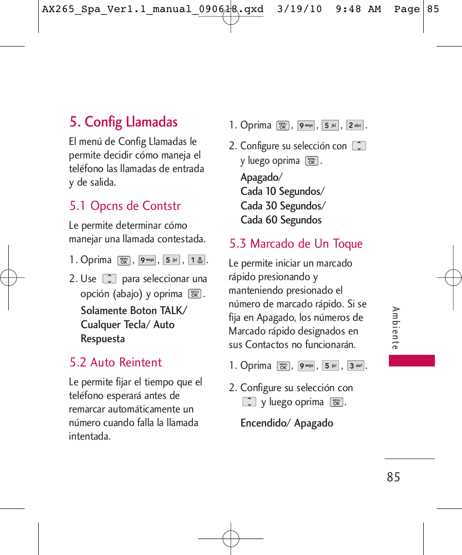 Config llamadas, 1 opcns de contstr, 2 auto reintent | 3 marcado de un toque | LG LGAX265 User Manual | Page 215 / 269