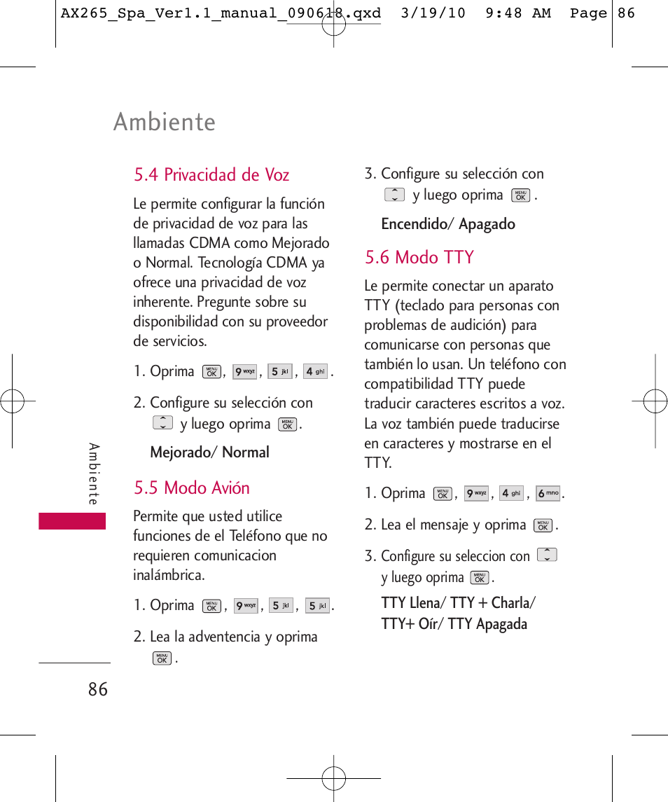 Ambiente, 4 privacidad de voz, 5 modo avión | 6 modo tty | LG LGAX265 User Manual | Page 216 / 269