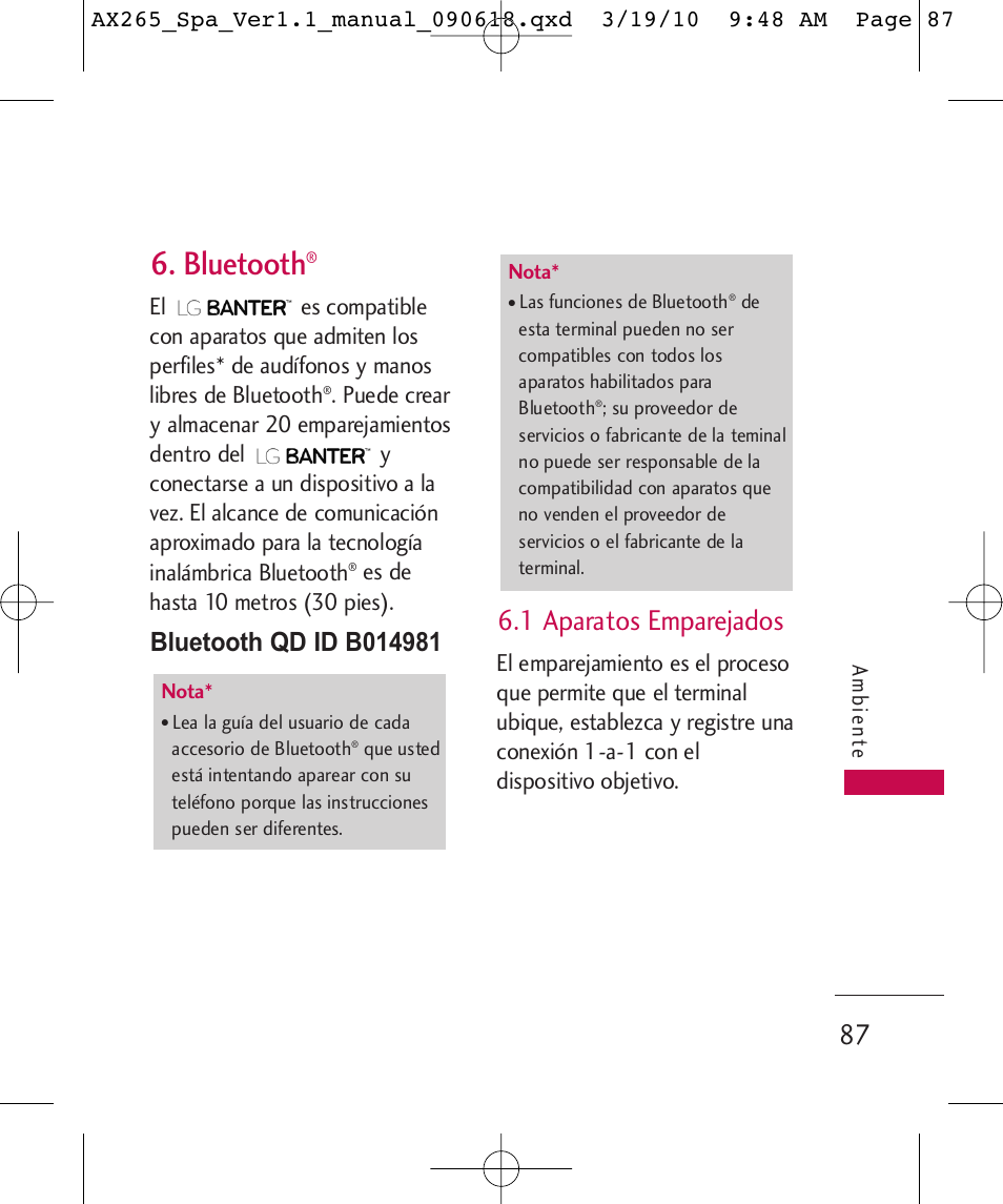 Bluetooth, 1 aparatos emparejados, Es de hasta 10 metros (30 pies) | LG LGAX265 User Manual | Page 217 / 269