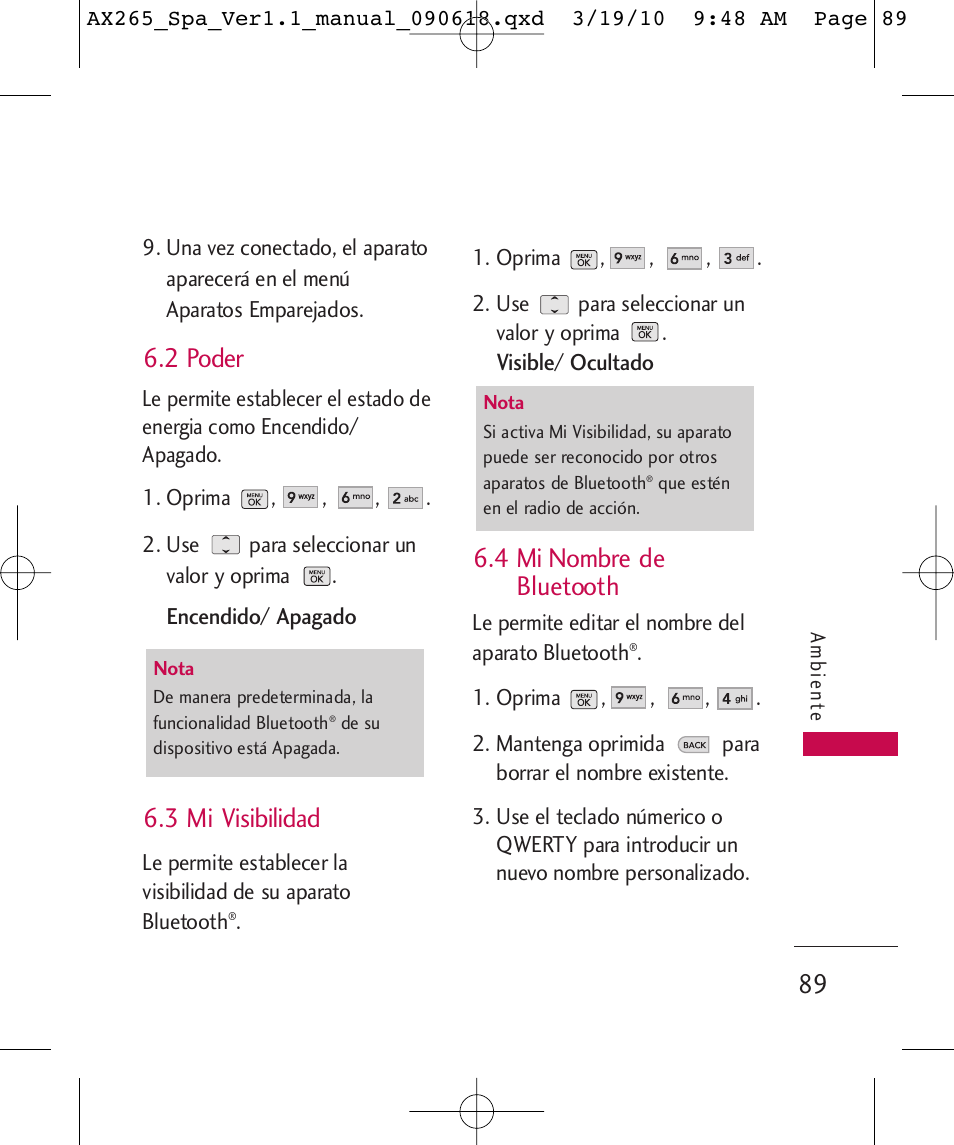 2 poder, 3 mi visibilidad, 4 mi nombre de bluetooth | LG LGAX265 User Manual | Page 219 / 269