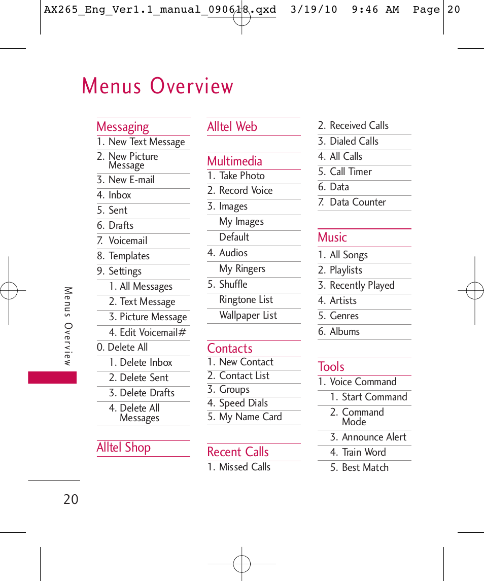 Menus overview, Messaging, Alltel shop alltel web multimedia | Contacts, Recent calls, Music, Tools | LG LGAX265 User Manual | Page 22 / 269