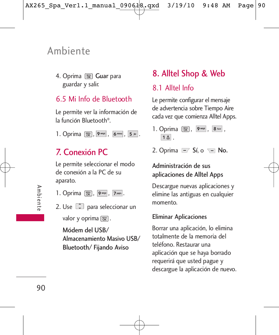 Ambiente, Conexión pc, Alltel shop & web | 5 mi info de bluetooth, 1 alltel info | LG LGAX265 User Manual | Page 220 / 269