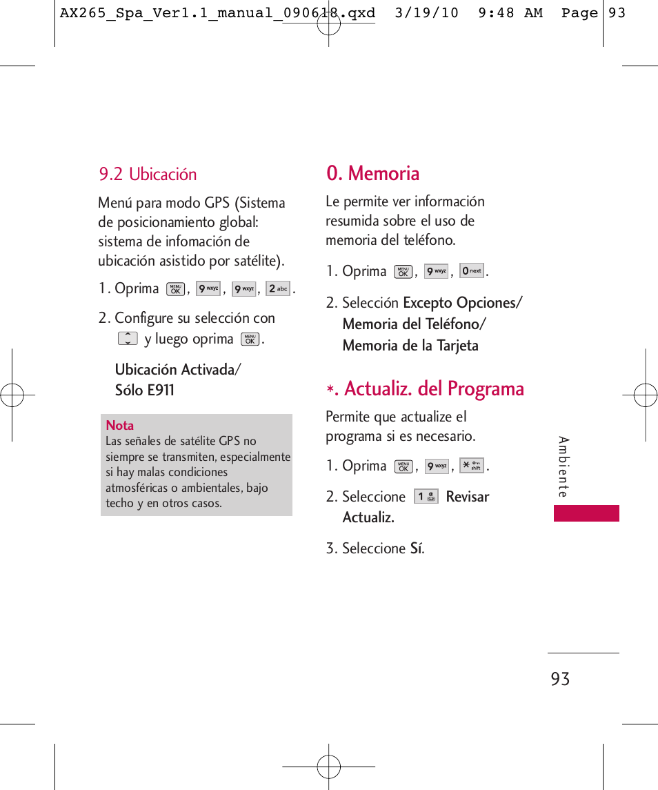 Actualiz. del programa, 2 ubicación | LG LGAX265 User Manual | Page 223 / 269