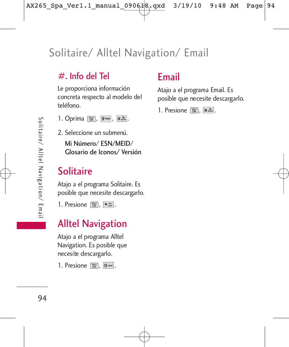 Solitaire/ alltel navigation/ email, Solitaire, Alltel navigation | Email, Info del tel | LG LGAX265 User Manual | Page 224 / 269