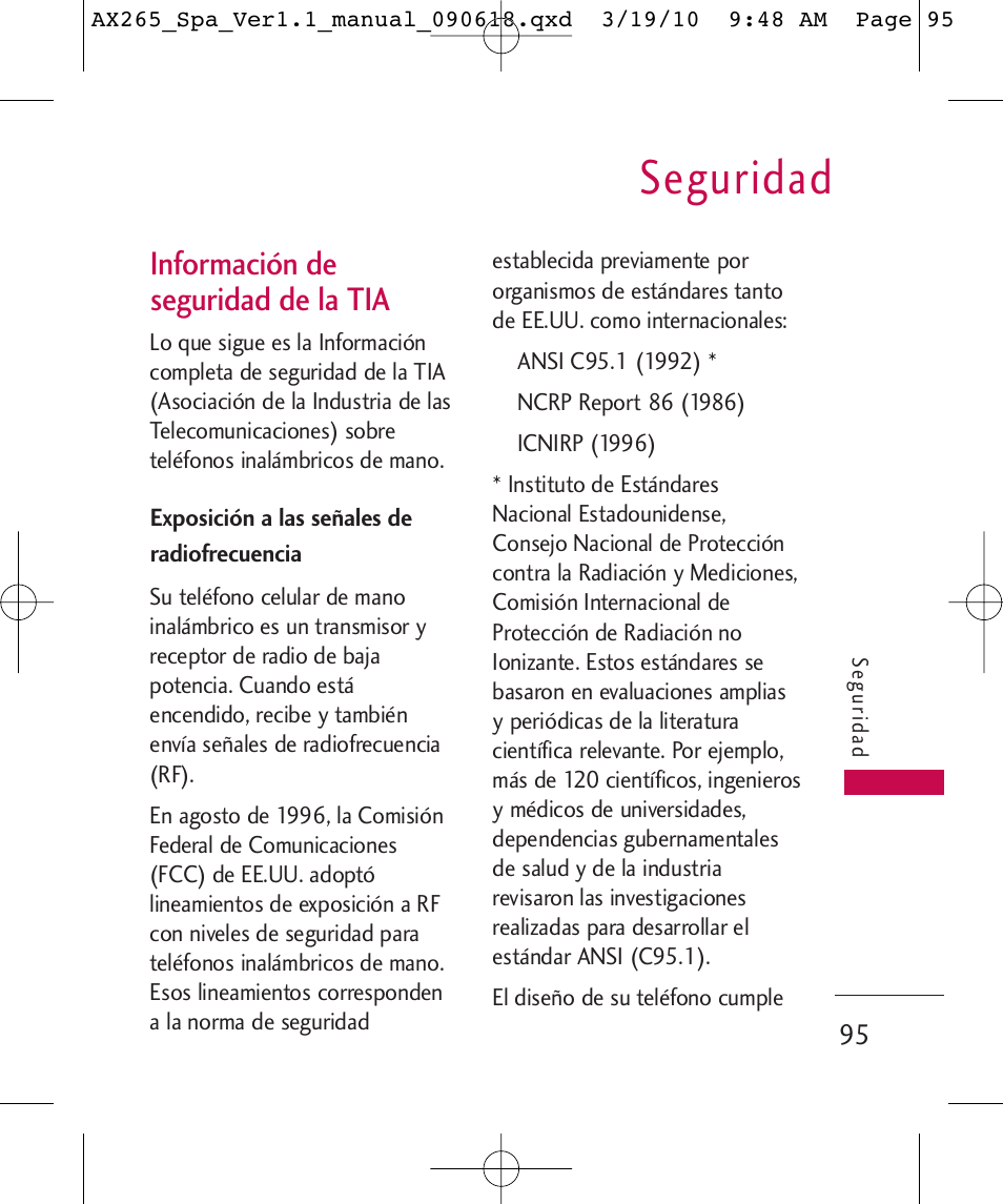 Seguridad, Información de seguridad de la tia | LG LGAX265 User Manual | Page 225 / 269