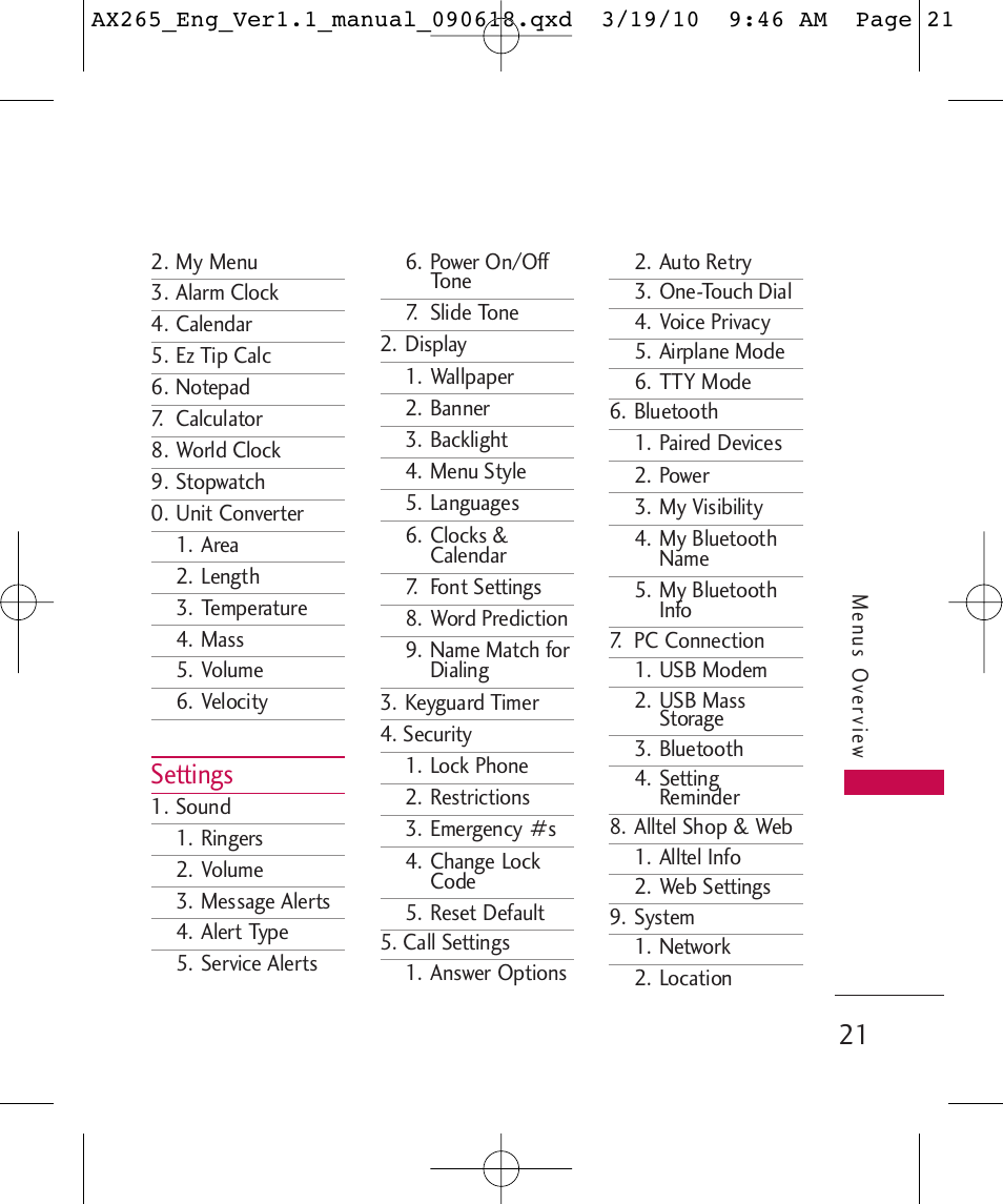 Settings | LG LGAX265 User Manual | Page 23 / 269