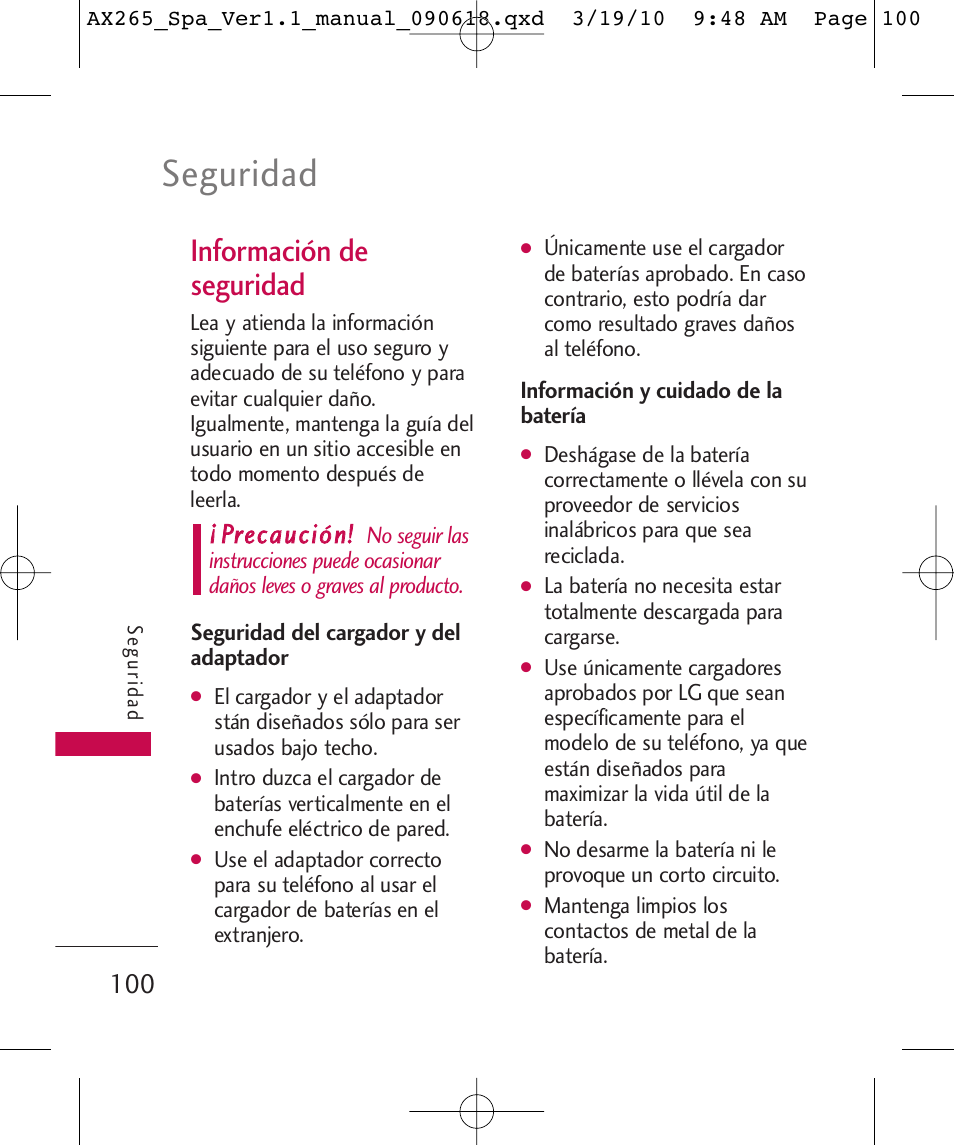 Seguridad, Información de seguridad, Pprreeccaauucciióónn | LG LGAX265 User Manual | Page 230 / 269