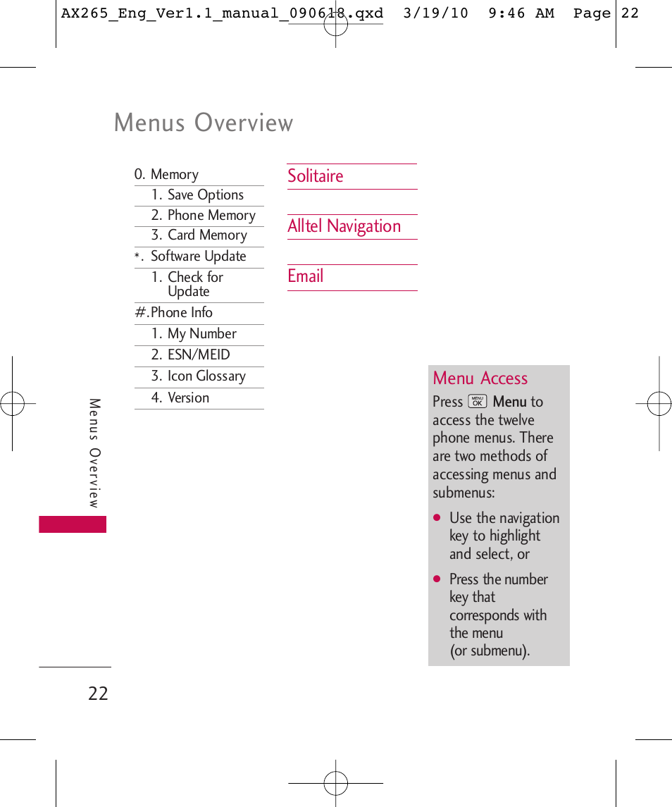 Menus overview, Solitaire alltel navigation email menu access | LG LGAX265 User Manual | Page 24 / 269