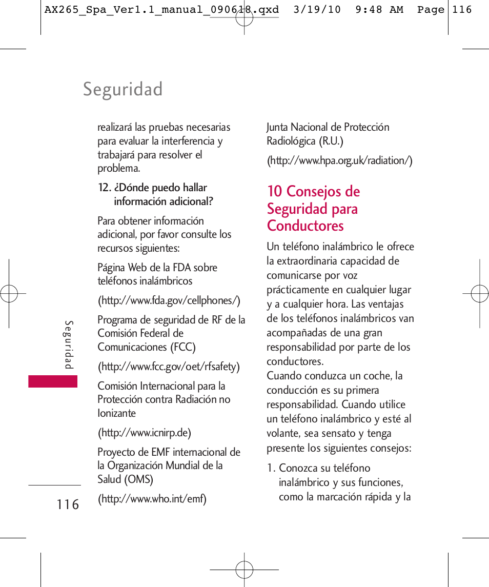 Seguridad, 10 consejos de seguridad para conductores | LG LGAX265 User Manual | Page 246 / 269