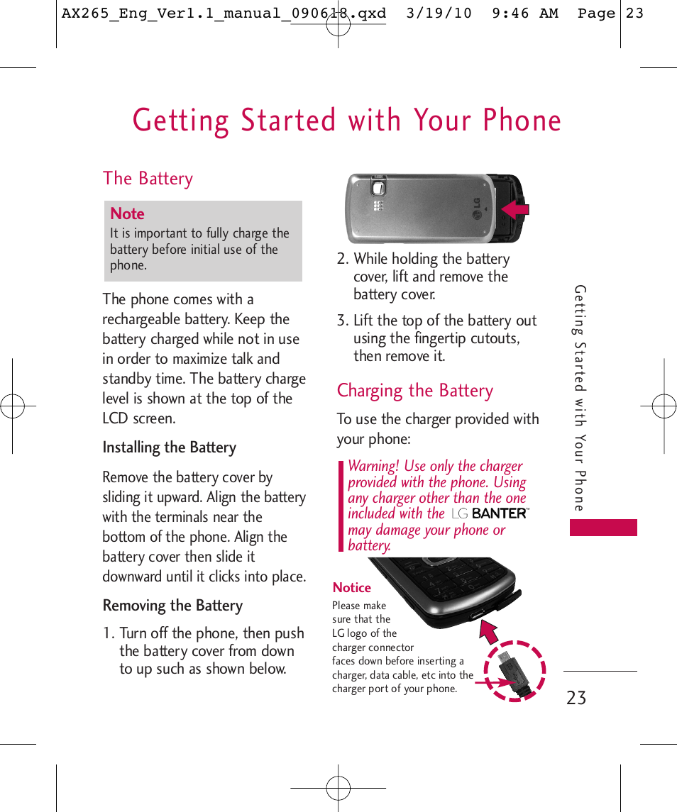 Getting started with your phone, The battery, Charging the battery | LG LGAX265 User Manual | Page 25 / 269