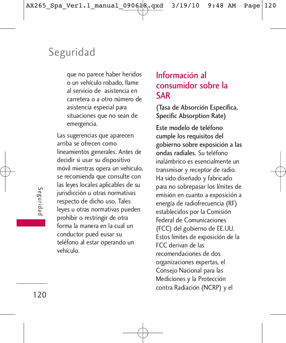 Seguridad, Información al consumidor sobre la sar | LG LGAX265 User Manual | Page 250 / 269