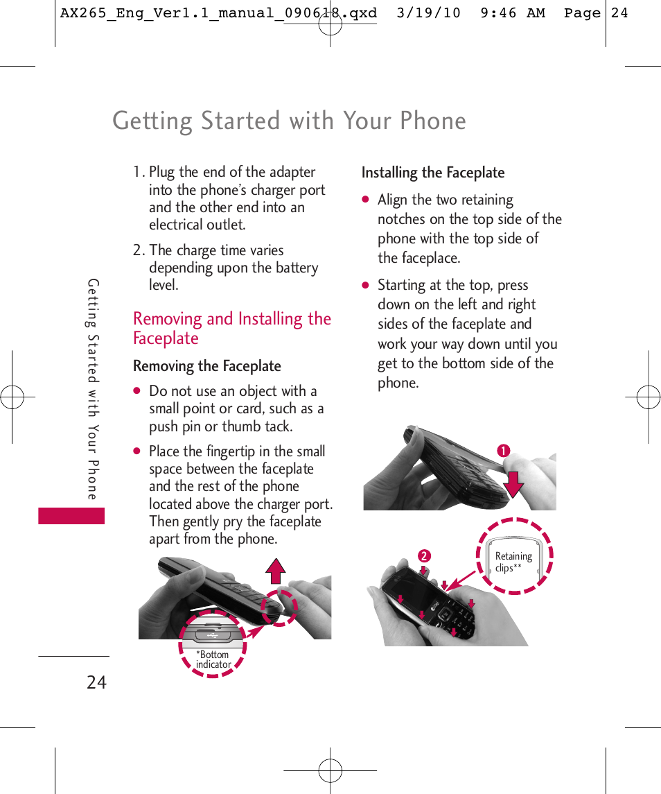 Getting started with your phone, Removing and installing the faceplate | LG LGAX265 User Manual | Page 26 / 269