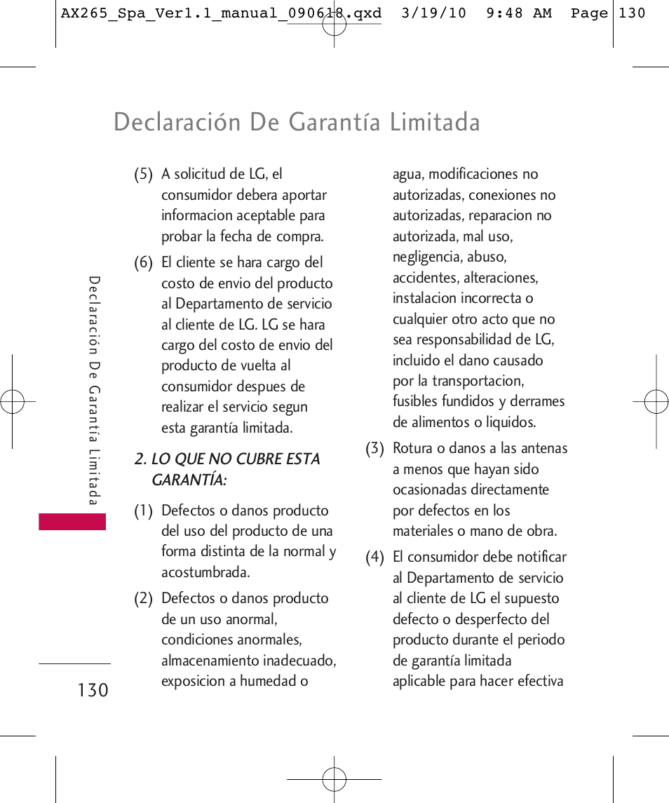 Declaración de garantía limitada | LG LGAX265 User Manual | Page 260 / 269