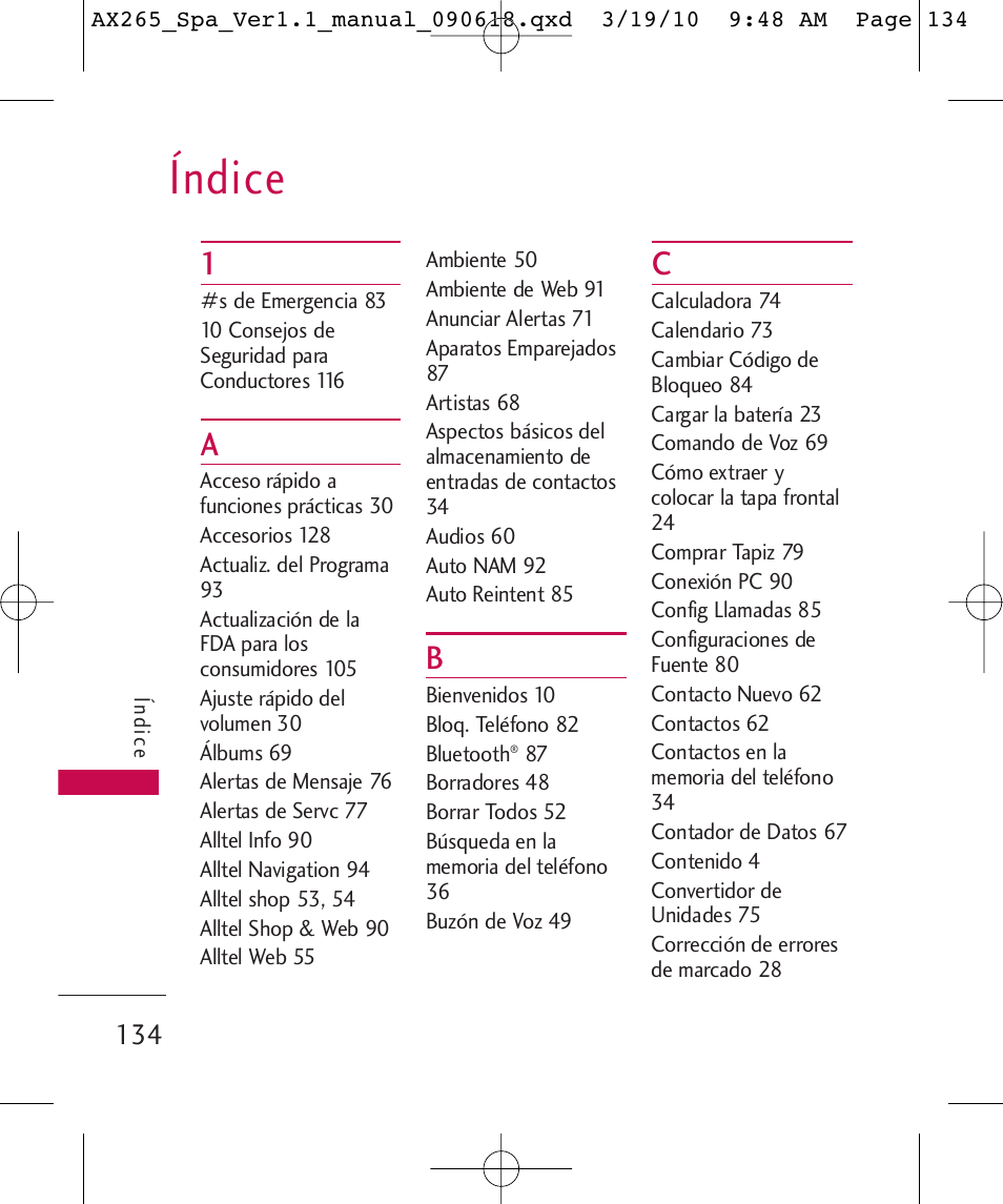 Índice | LG LGAX265 User Manual | Page 264 / 269