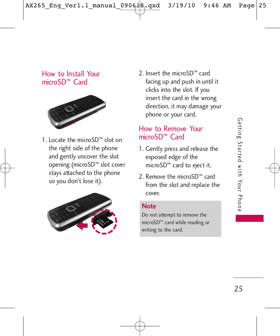 How to install your microsd, Card, How to remove your microsd | LG LGAX265 User Manual | Page 27 / 269