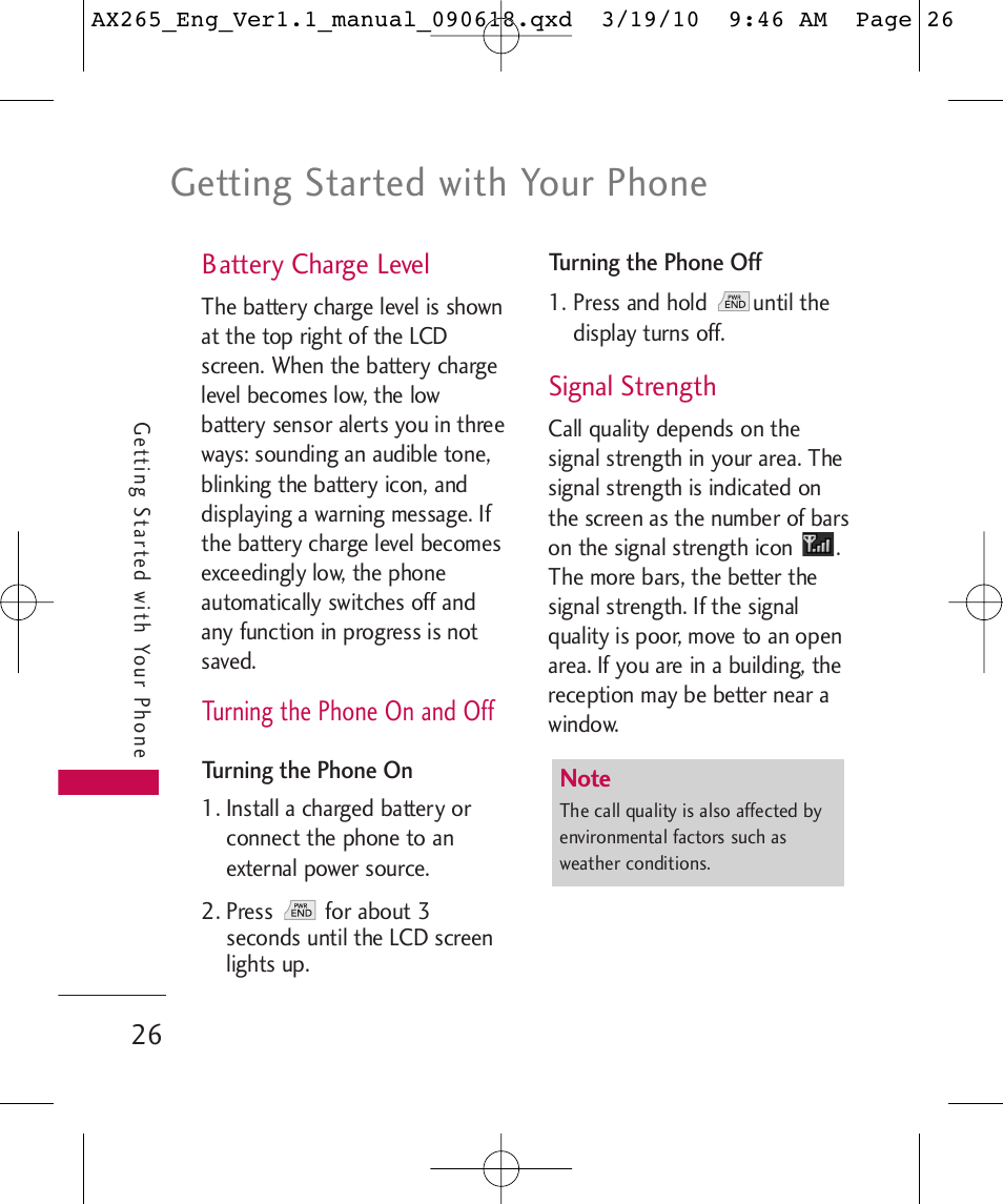 Getting started with your phone, Battery charge level, Turning the phone on and off | Signal strength | LG LGAX265 User Manual | Page 28 / 269